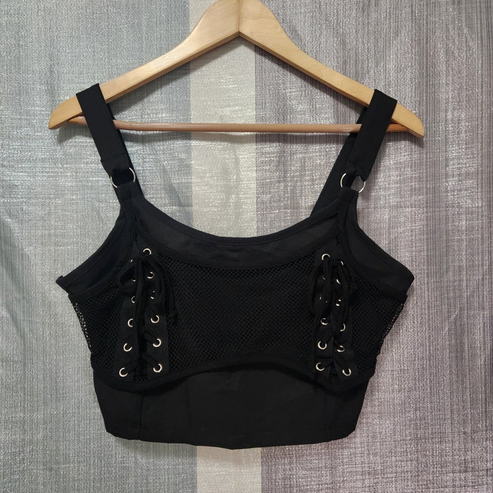 Social Collision Black Mesh Fishnet Lace Up O-Ring Crop Top Mall Goth Punk M Emo